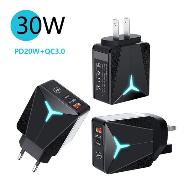 Carregador de parede USB QC3.0 30W e adaptador PD 20W Tipo C de carregamento rápido com plugue OEM da UE, EUA, Reino Unido para smartphones e telefones celulares