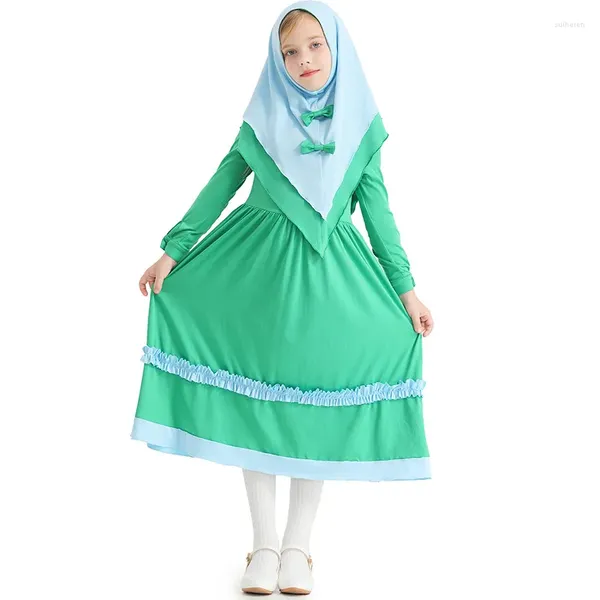 Abbigliamento etnico Musulmano Bambini Ragazze 2 pezzi Abito da preghiera Abaya Abito arabo Dubai Ramadan Caftano Foulard Islamico Eid Abito da festa Jilbab