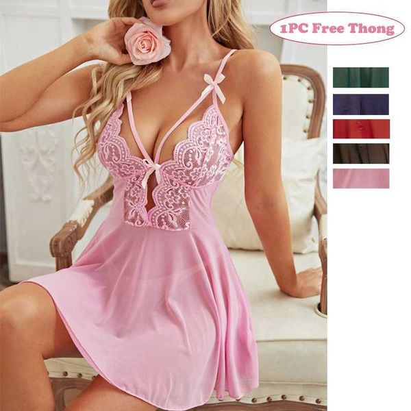 Sexy conjunto feminino sexy renda camisola arco lingerie pijamas conjunto babydoll trajes eróticos vestidos quentes exóticos + tanga livre 230808