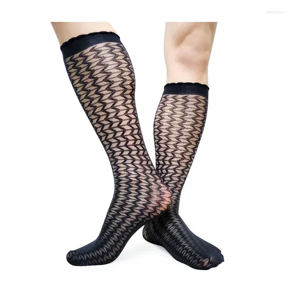 Мужские носки, мужские носки до колена, прозрачные шелковые полосатые тонкие сексуальные мужские длинные эластичные мужские деловые чулки в деловом стиле