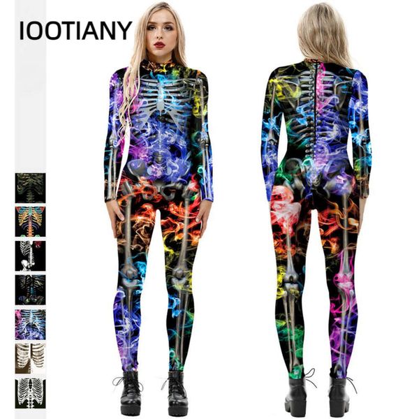 Feminino esqueleto impresso festa de halloween cosplay traje elástico zentai fiess bodysuit feminino macacão