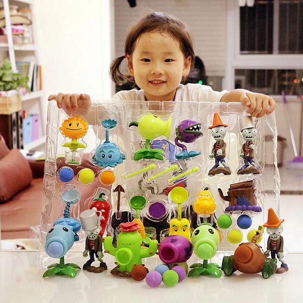 Action Figures Toy Plants vs Zombies Gomma morbida Colla dura Set completo di bambole Pea Shooter Commercio all'ingrosso PVZ Anime PVC Figure Regalo per bambini 231020