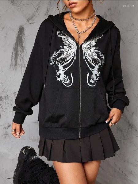 Женские толстовки 2023 Dark Fairy Grunge Butterfly Graphic Autumn Mall Gothic Y2k Свободные толстовки на молнии с капюшоном Карманная одежда кенгуру