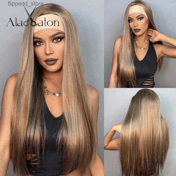 Sentetik peruklar Alan Eaton uzun düz kahverengi sarışın sentetik kafa bandı perukları siyah kadınlar için altın saç perukları günlük cosplay ısıya dayanıklı q231021 kullanın