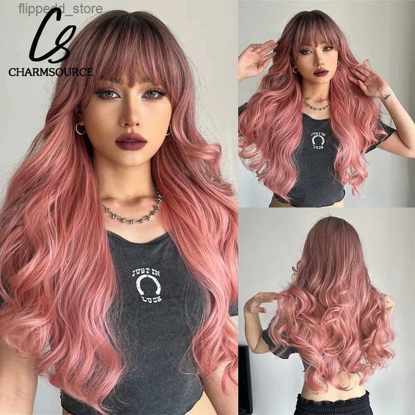 Parrucche sintetiche Capelli lunghi ondulati con frangia ordinata Parrucca Ombre da marrone a rosa Parrucche sintetiche per le donne Cosplay Uso quotidiano per feste Fibra resistente al calore Q231021