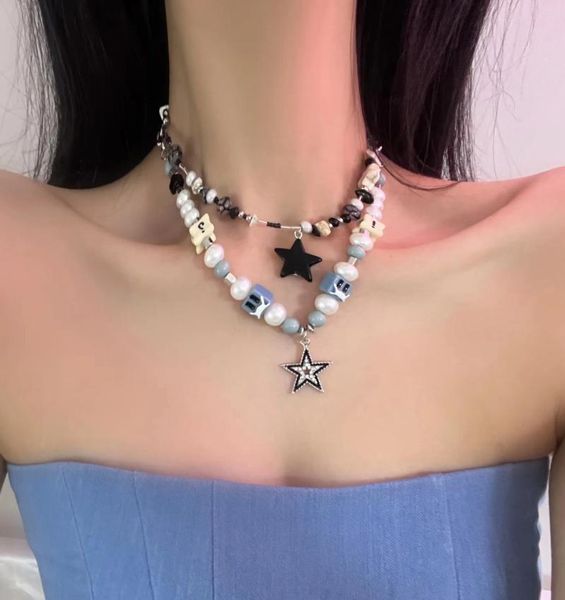 Anhänger Halsketten Schwarz Weiß Stern Schädel Perlen Nähte Für Frauen Kreative Mode Design Retro Y2k Mädchen Süße Coole Halskette