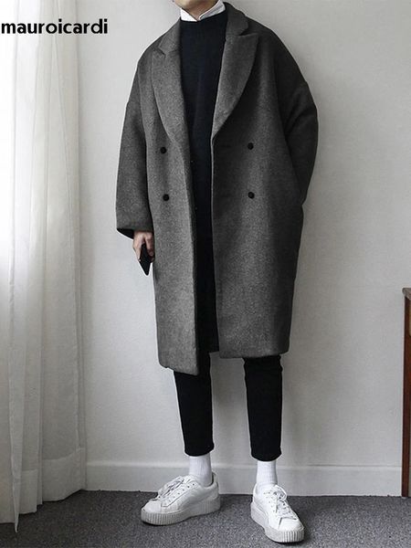 Männer Trenchcoats Mauroicardi Herbst Winter Lose Beiläufige Grau Schwarz Weiche Warme Wollmantel Männer Revers Zweireiher Koreanische Mode 231021