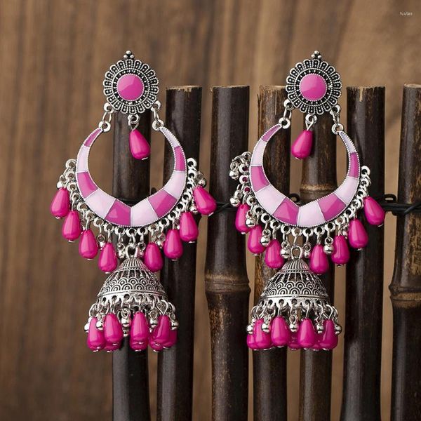 Baumelnde Ohrringe Boho Mode Rose rote Perlen Quaste für Frauen Gypsy afghanischen Schmuck Retro ethnische versilberte Glocke Ohrring Geschenk