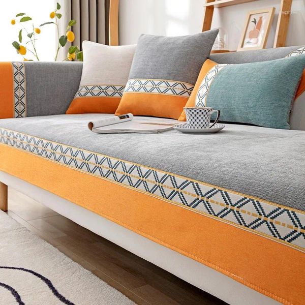 Stuhlhussen, luxuriöse Chenille-Sofas, Handtuch-Sitzpolster, orange, breiter Rand, rutschfest, Sofabezug, Kissen für Wohnzimmer, Couch, Heimschutz