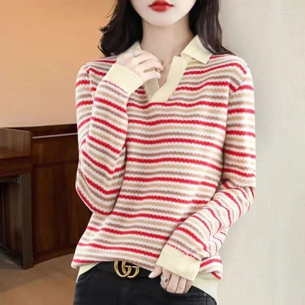 Damenpullover Koreanische Damenbekleidung Mode Bodenstreifen Frühling Herbst Langarm Lässige Allgleiches V-Ausschnitt Strickpullover Tops