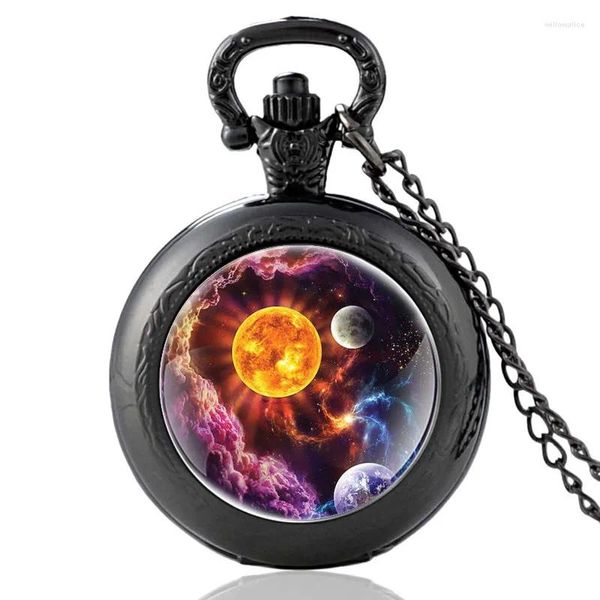 Pocket Watches Solar System Planet Black Vintage Quartz Watch Charm Pendant Clock Men Women Jewelry Necklace Gifts