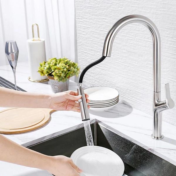 Rubinetti della cucina Rubinetto del lavabo Rotazione libera a 360 ° Materiale in acciaio inossidabile Tubo estraibile Due modalità di funzione Acqua fredda