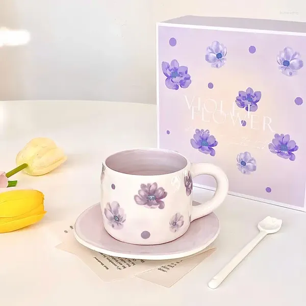 Tazze Piattini Set tazza da caffè e piattino in ceramica stile viola creativo Set Premium Sense Confezione regalo per tè pomeridiano dipinta a mano