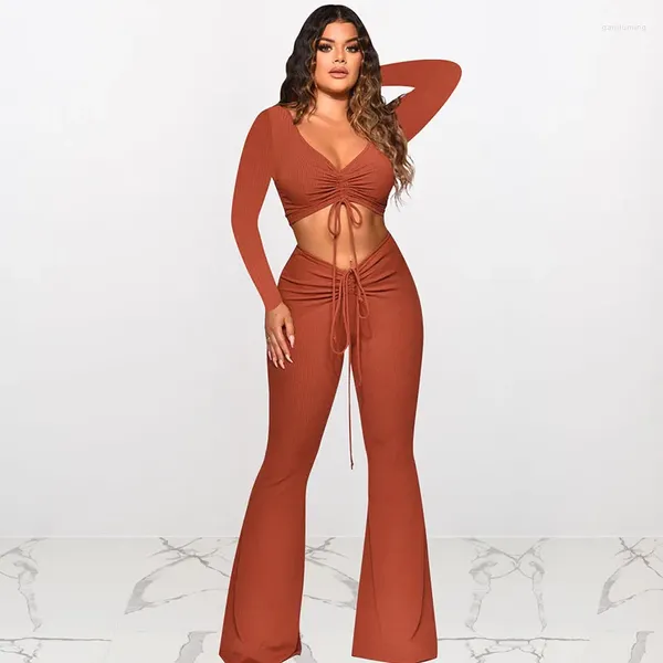 Calças femininas de duas peças malha costela cordão ruched 2 conjuntos roupas das mulheres manga longa colheita superior flare pant ternos combinando clubwear atacado