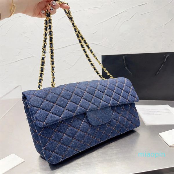 2023-designer acolchoado sela saco vintage bolsa bolsa azul escuro denim prata corrente hardware alças de ombro designer mulheres saco de luxo designer carteira