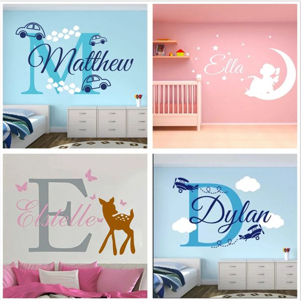 Adesivos de Parede Joyreside Nomes Personalizados Adesivo de Parede Home Quarto Nome Personalizado Menina Carro Avião Anjo Cervo Dinossauro Baleia Coroa Decalque 231020