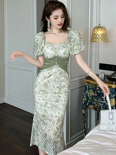 Grundlegende Freizeitkleider Französisch süße grüne Midi-Kleider für Frauen Blase Ärmel Tull Gaze Stickerei exquisite Spitze Robe Femme Party Bankett Vestidos 2024