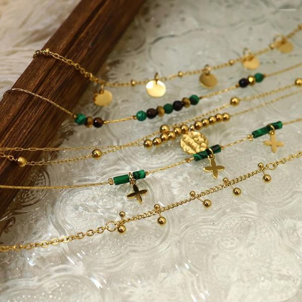 Strand Vintage Paslanmaz Çelik 14K Altın Kaplama Yonca Takılar Boncuklar Bilezik Malakit Takı Kadın Pulseras