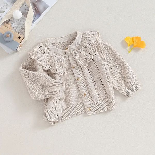 Strickjacke Prinzessin Baby Mädchen Gestrickte Pullover Nette Puppe Kragen Häkeln Knopf Verschluss Kleidung Oberbekleidung Winter Kinder Tops Outfits 231021