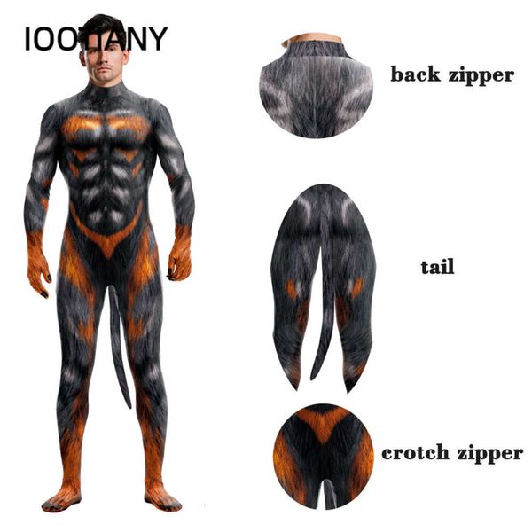 Herren-Halloween-Kostüm, elastisch, für Karneval, Party, Fiess-Tier-Ganzkörperbody mit Schwanz, Damen-Ganzkostüme, Zentai-Anzug für Erwachsene