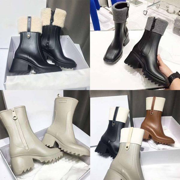 Botas de chuva de designer plataforma de borracha botas de chuva pvc mulheres bota ao ar livre com zíper mohair meia bota alta moda sapatos casuais no237