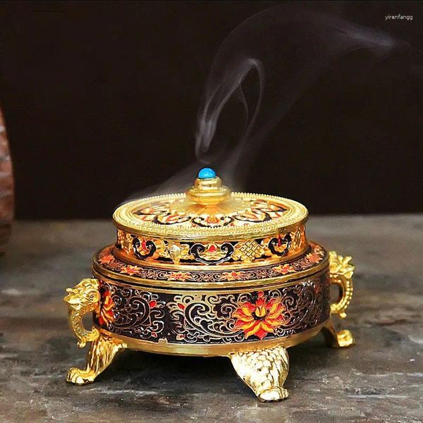 Lâmpadas de fragrância liga de cobre antigo queimador de incenso sândalo em relevo esmalte pintado placa de templo