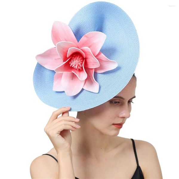 Berretti Fascinator vintage azzurro Accessorio per capelli Donna Fascia fiore rosa Elegante copricapo da sposa per festa nuziale Copricapo da cocktail