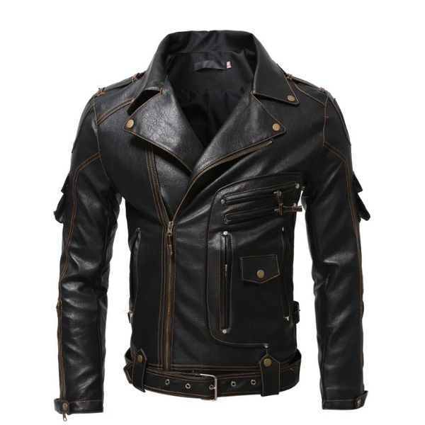 Herren-Leder-Kunstleder-Vintage-Motorradjacke mit mehreren Reißverschlüssen und Revers, Pu-Leder-Lederjacke mit mehreren Taschen, 231020