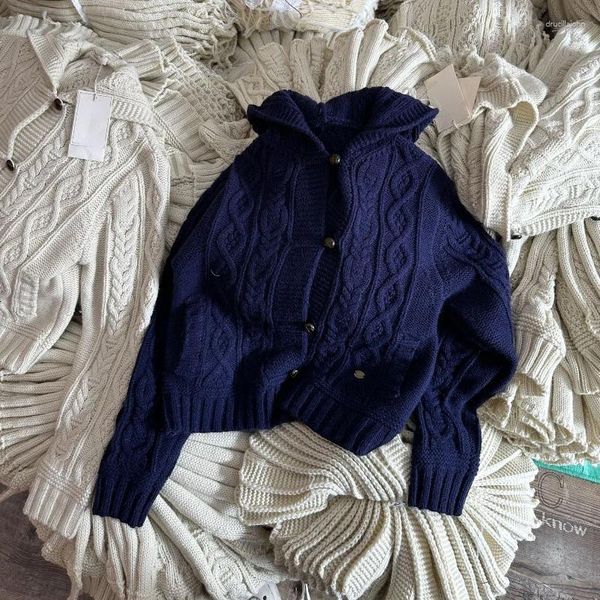 Maglieria da donna Donna in misto lana Cardigan con cappuccio a trecce Maglione lavorato a maglia vintage 2023 Dongdaemum coreano Autunno Abbigliamento di alta qualità