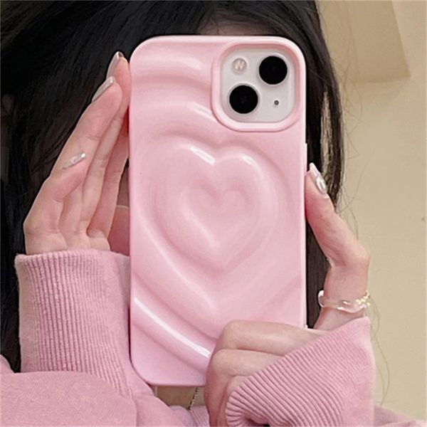 Casos de telefone celular Coréia INS bonito 3D amor coração dobra rosa menina soft case para iPhone 14 Pro Max 13 12 11 cor sólida silicone à prova de choque capa traseira 231021