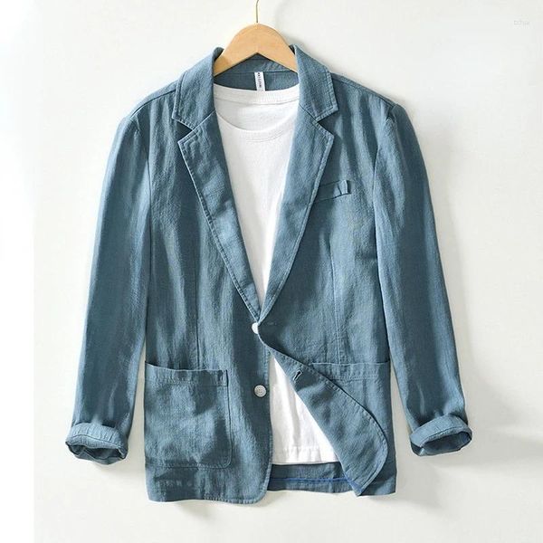 Herrenanzüge Blaues Leinen Einfarbig Frühling Sommer Jacke Einteiliger Blazer Einreihiger Herrenanzug Revers Freizeit Freizeit Mantel für Männer