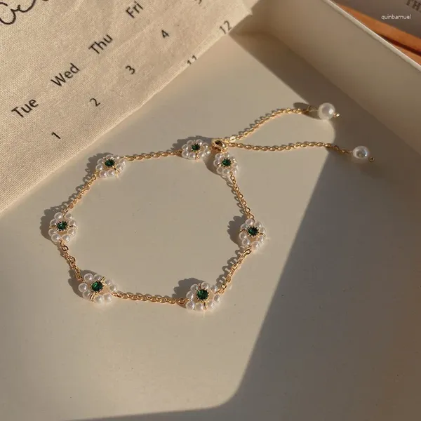 Braccialetti con ciondoli Stile coreano delicato imitazione perla margherita braccialetto fiore per le donne dolce fata verde strass fiore gioielli a mano