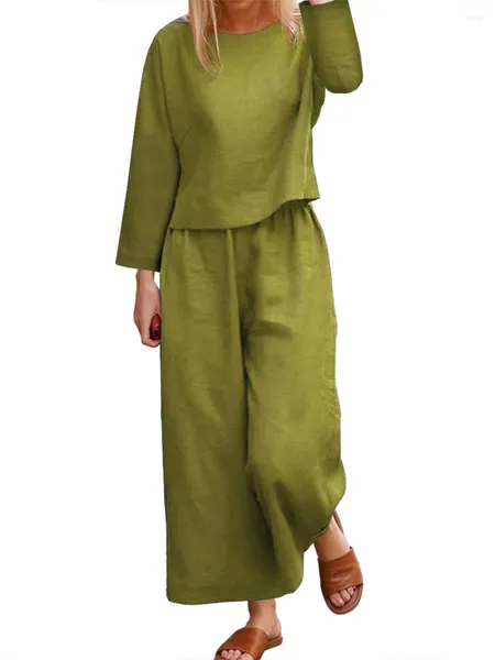 Calças femininas de duas peças 2023 casual solto encaixe cor sólida camisa de manga longa e conjunto de duas peças mulheres algodão linho perna larga outono