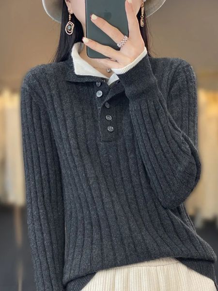 Malhas femininas tees de alta qualidade feminino outono de inverno de inverno gurchardown colar sweater de pulôver 100% merino lã espessada