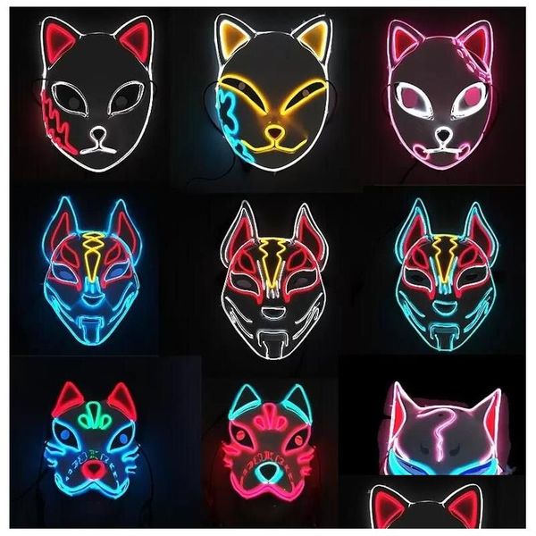 Maschere per feste Demon Slayer Glowing El Wire Maschera Kimetsu No Yaiba Personaggi Accessori per costumi cosplay Volpe giapponese Halloween Led Home Dhccf