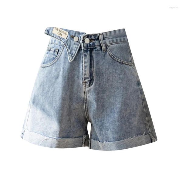 Shorts femininos moda cintura alta denim para mulheres verão fino casual a linha larga perna reta virilha enrolada hem