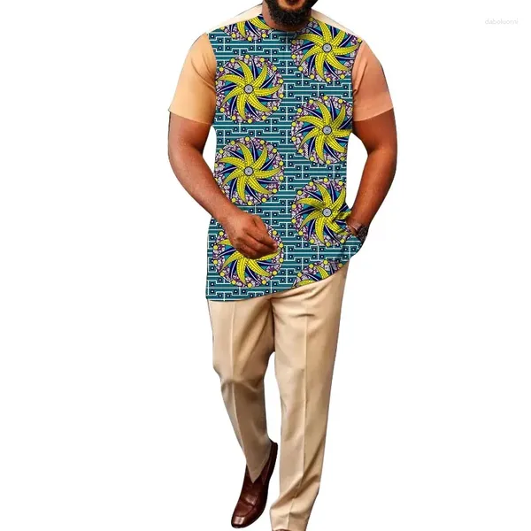 Tute da uomo in cotone beige a maniche corte Set camicia patchwork Maschile moda nigeriana Pantalone adatto a feste africane