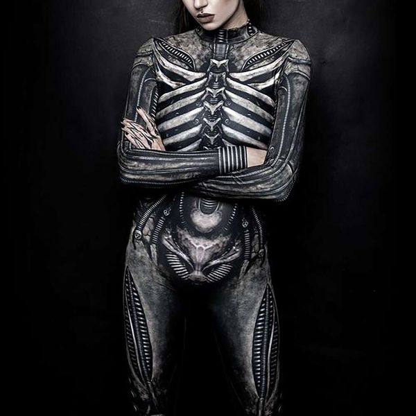 Feminino gola alta simulação 3d impressão robô zip completo bodysuit traje de halloween juniores ternos do corpo