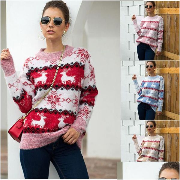 Autunno Inverno Brutto Maglione Di Natale Donna Fiocco Di Neve Stampa Alce Maglione Lavorato A Maglia Piviere Vacanza Maglioni Girocollo Consegna Drop