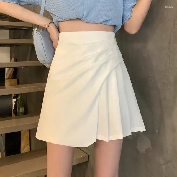 Юбки Белая юбка женская в корейском стиле с высокой талией миниатюрная нерегулярная трапециевидная форма плиссированная