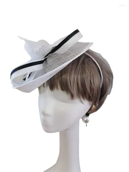 Berretti Piuma Bianca Vintage Abito da sera da donna Berretto Cappelli formali medievali Cappelli stile Fedora da donna della Boemia Cofano in rete Copricapo da ragazza