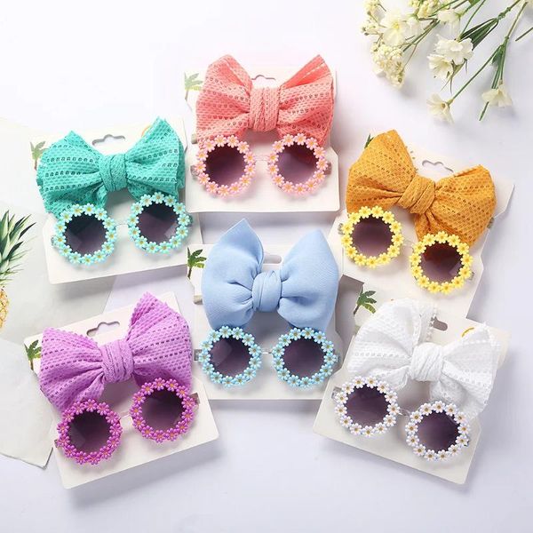 Acessórios para o cabelo 2 pçs/set bebê óculos de sol bandana conjunto brinquedo dos desenhos animados sol flor pára-sol óculos cor sólida oco hairband