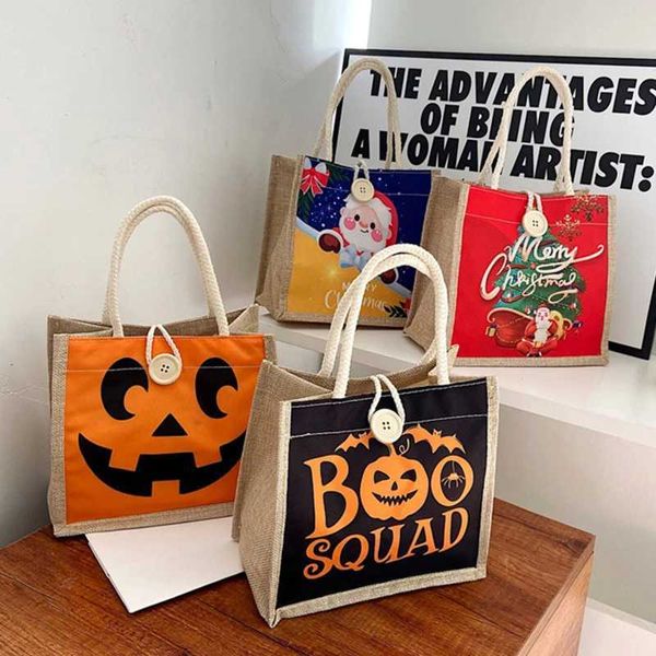 Halloween abóbora saco de linho pintado sacos de algodão juta sacos de doces portáteis bolsas de compras presente natal 220923