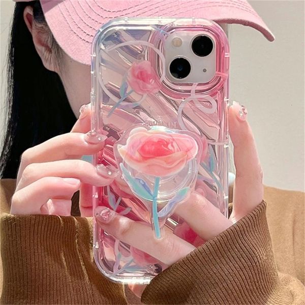 Casos de telefone celular coreano adorável flor anel titular caso claro para iphone 14 12 13 11 pro max x xs xr 7 8 plus bonito suporte floral capa macia 231021