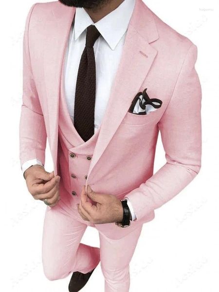 Мужские костюмы, мужские светло-розовые смокинги для жениха с отворотами, свадебный комплект из 3 предметов (куртка, брюки, жилет, галстук) D289