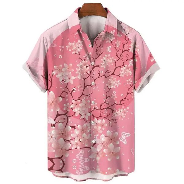 Мужские повседневные рубашки с 3D-принтом вишневого цвета, мужская летняя гавайская пляжная рубашка, блузка с лацканами, простая рубашка, женская одежда с короткими рукавами 231020