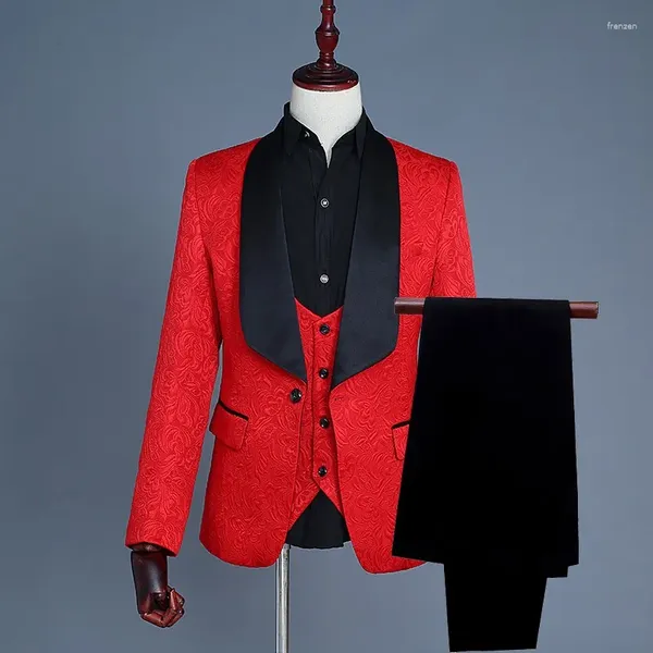 Herrenanzüge Männer Rotes Muster Und Schwarzer Bräutigam Smoking Schal Satin Revers Trauzeugen Hochzeit Mann (Jacke, Hose, Weste, Krawatte) C702