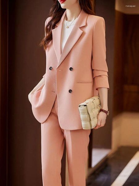 Calças femininas de duas peças elegante calça ternos para mulheres manga longa casual moda coreana sliod solto 2023 outono inverno casacos