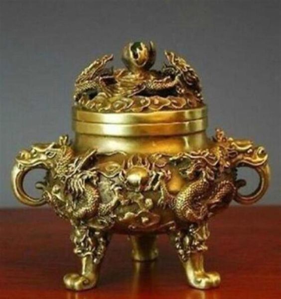 decorazione fabbrica di bronzo Ottone puro antico squisito da collezione Ottone cinese Draghi Bruciatore di incenso277M7586575