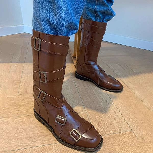 Damen-Ritterstiefel, mittelhohe Stiefel mit PU-Futter, authentisches Leder, Blockabsatz, Schwarz, Weiß, Herbst-Western-Modetrend